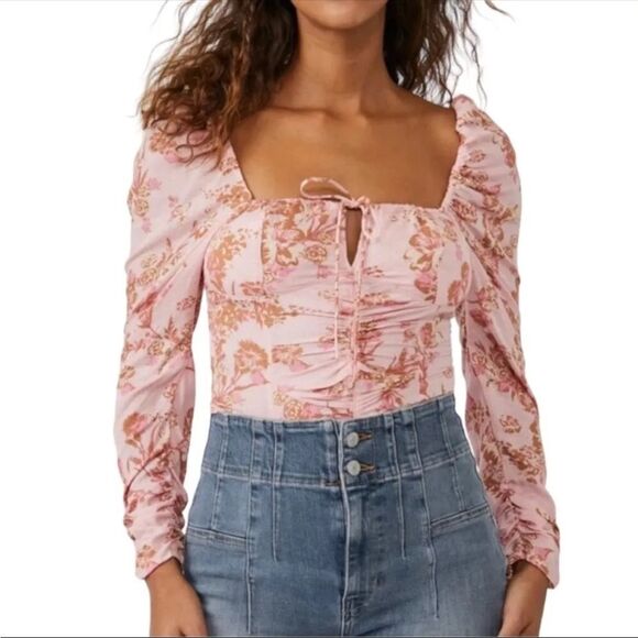 NWT $98 Free People Hilary Printed Top Pink Combo Smocked Back Blouse Size Small - Picture 3 of 6